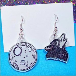 Wolf and Full Moon Acrylic Earrings